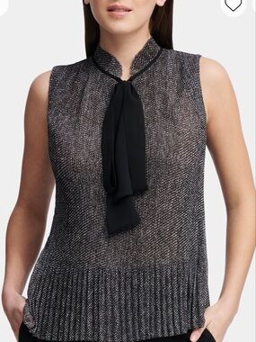 DKNY Black & White Knit Tie-Front Sleeveless Top